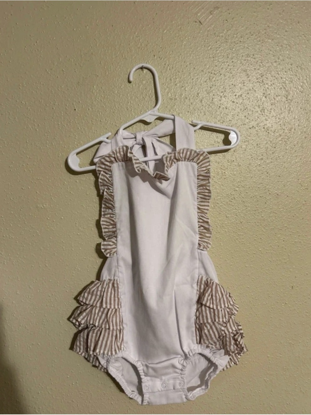 White Baby Ruffle One-Piece Romper with Beige Stripes